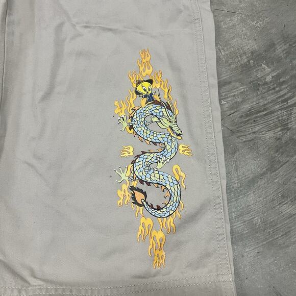 Vintage Tweety Bird Looney Tunes Dragon Khaki Overalls Capri Womens Size Small - Picture 3 of 9
